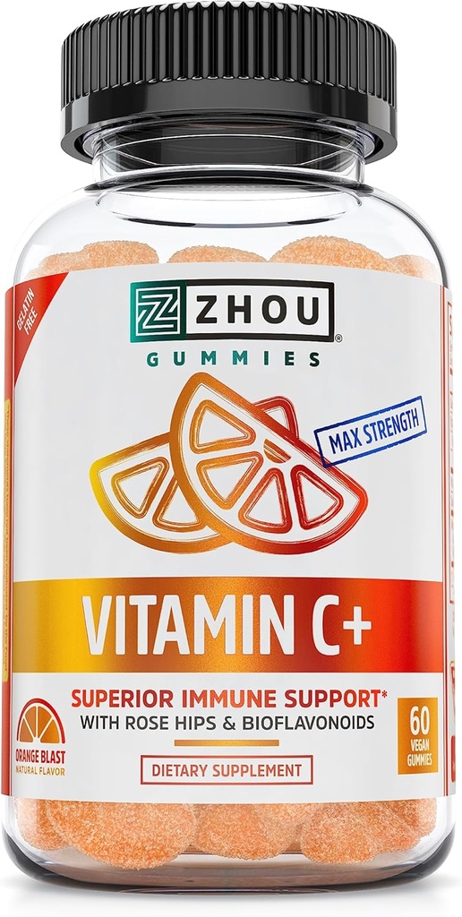 Zhou Vitamin C + Gummies - Vitamin C Gummies til voksne og børn, 270 mg pr Gummy med Bioflavinoider og Acerola til immunforsvar - 60 Vegansk Gummies