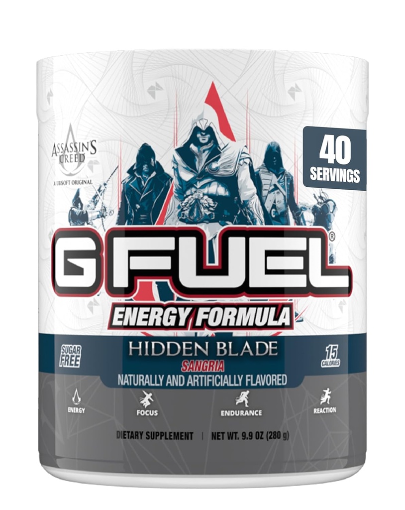 G Fuel Assassin's Creed Hidden Blade Energy Drink Powder, Pre Workout Caffeine Mix for Gaming, Sugar Free Focus Amino, Vitamin + Antioxidants, 9.9oz (Sangria, 40 Servings)