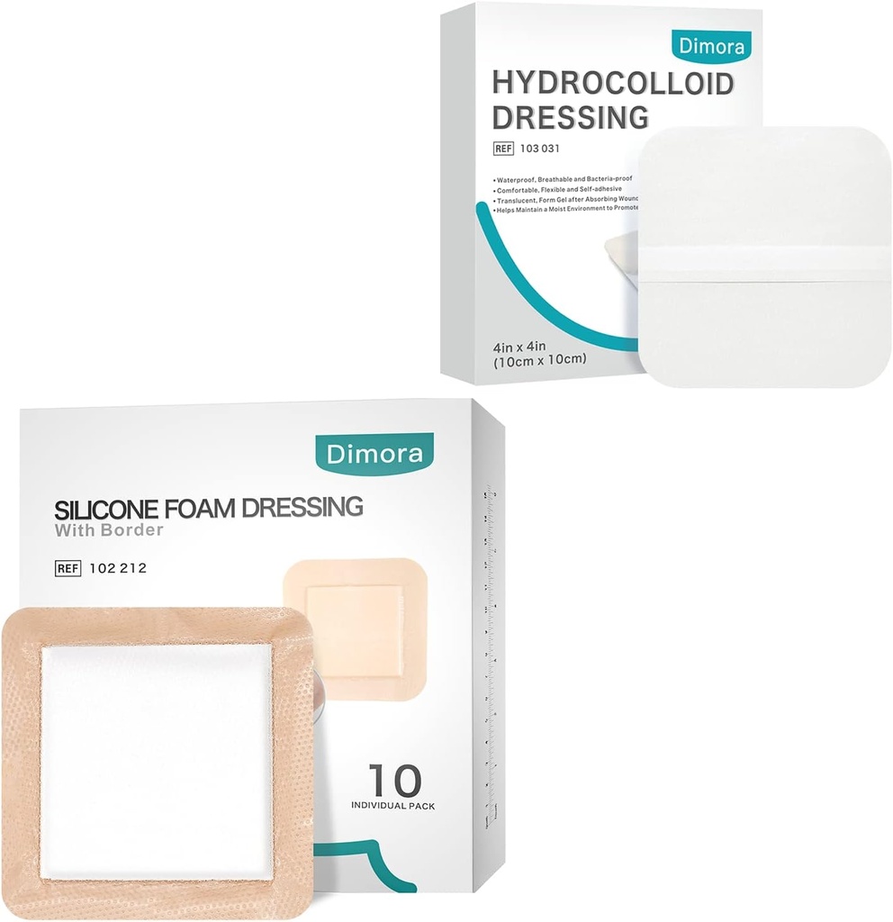 Dimora Hydrocolloid Sår Dressing10 Pack 0, 3 mm + Silicone Foam Dressing with Border Adhesive 6 "x6" 10 Pack