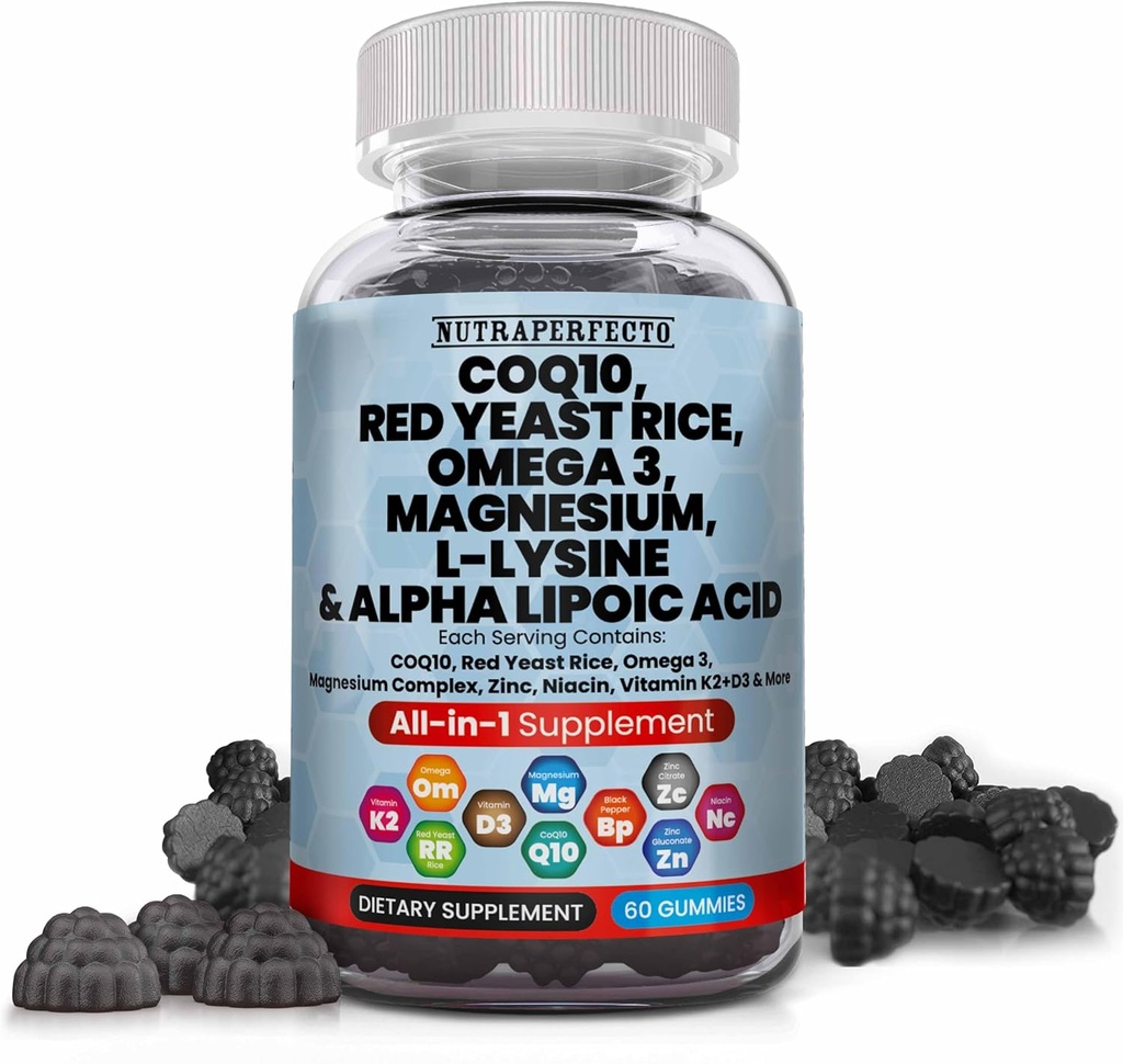 L- Lysin Coq10 Alpha Lipoic Acid Gummies Red Yeast Rice Magnesium Gummy for voksne og børn - Aminosyretilskud Omega 3 Niacin Zinkvitamin K2 D3 B3 - Vitaminer for kvinder og mænd - 60 Gummy Bears