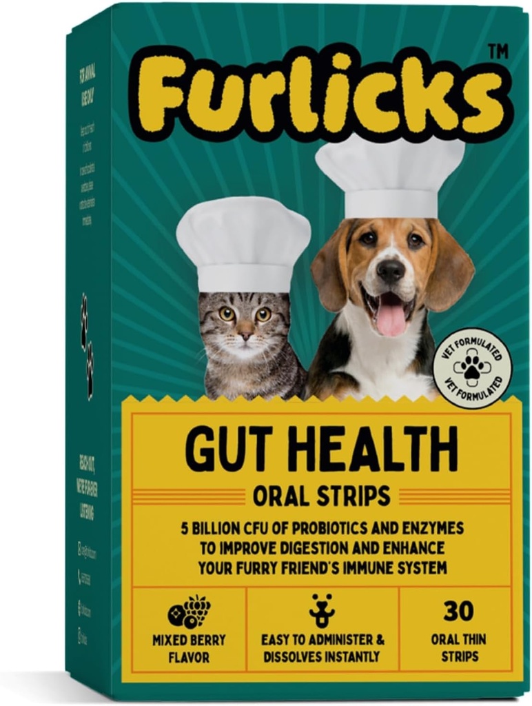 Furlicks Gut Health Supplement for Dogs & Cats; Probiotika, Protease, Lipase for forbedret fordøjelse, forbedret immunitet, sund Gut Flora & Diarré & Bowel Support (30 Oral opløsning Strips)