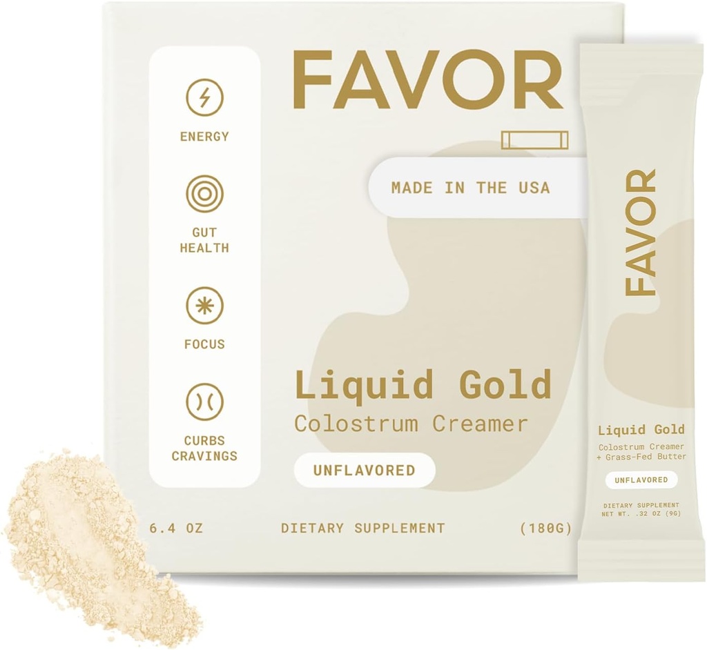 FAVOR Bovine Colostrum Creamer Meter 124; Grass Fed Cows Measures 124; Powder Packets til kaffe Measurement 124; MCT Oil Measurement 124; Flydende guld hele kolostrum Measurement 124; Keto Friendly Superfood Measurement Measurement with Butter Measurement 124; Concious Human Health [Unflavored]