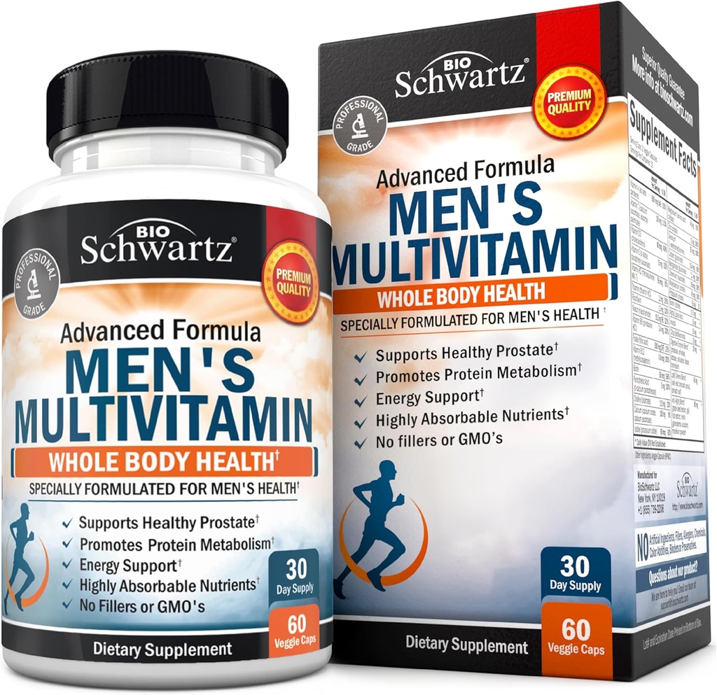 Mænds Multivitamin med vitamin C A B D3 E zink til immunforsvar - En gang dagligt tillæg for energi & hjerte - Antioxidanter & fordøjelsesenzymer til absorption - Mental Klarhed & Focus Support -60 Ct