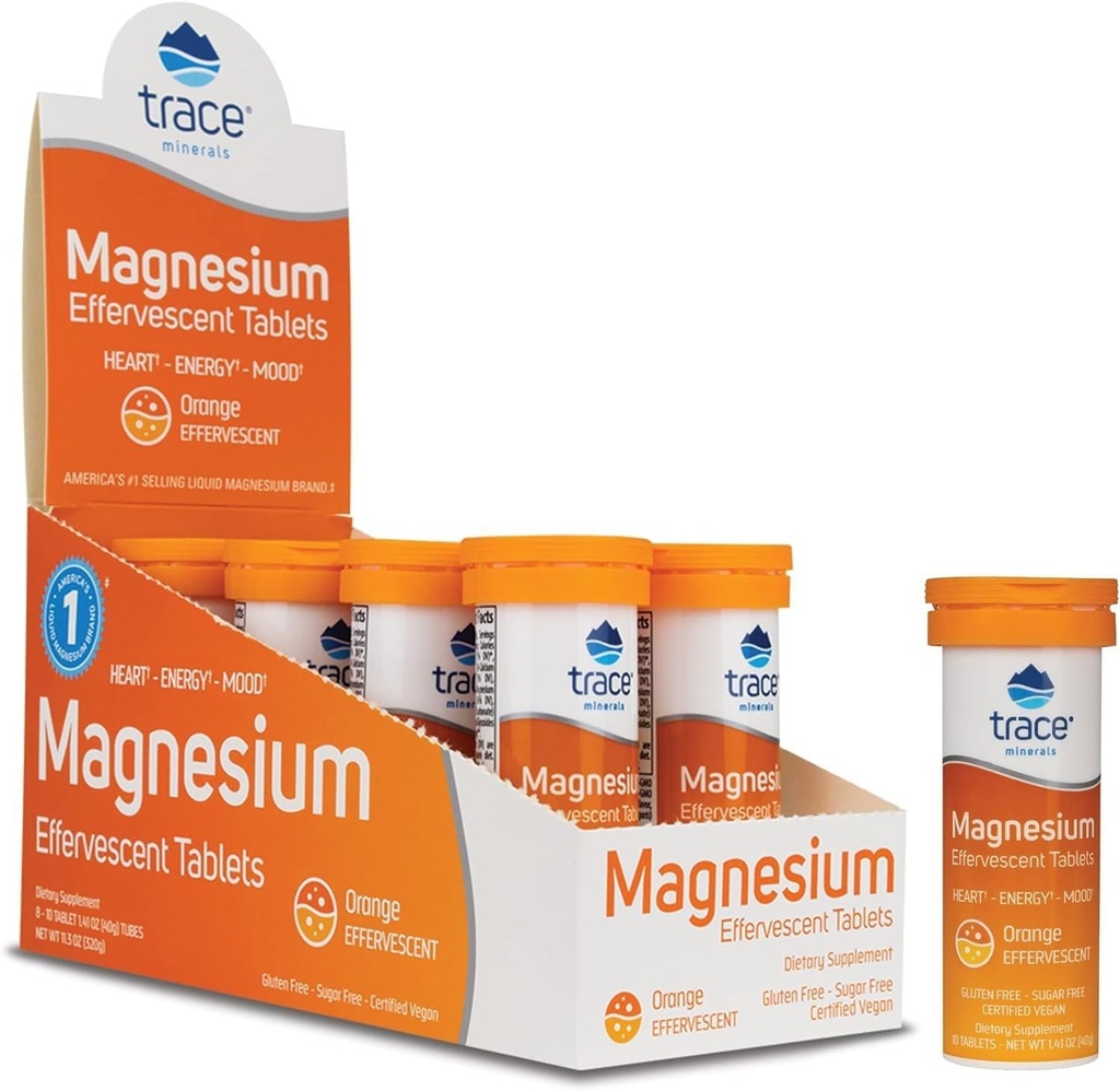 Trace Minerals Magnesium Effervescent - Bone & Circulatory Health Support - Magnesium supplement til støtte Kardiovaskulær Sundhed & Positive Outlook - Orange, 8 Containers (80 Servere)