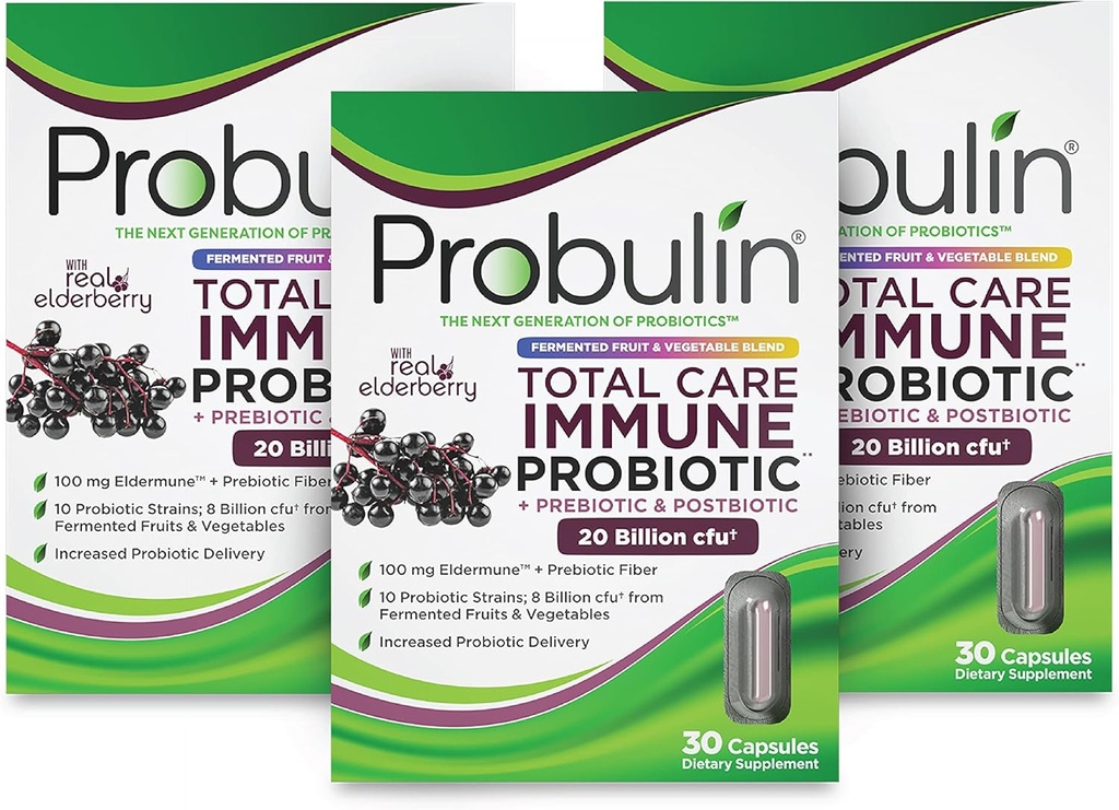 Probulin Total Care immun = Prebiotika + Probiotika + Postbiotika + Elderberry to Support Immunation & Gut Health - 20 Millioner CFU - 10 Strops - 30 Veganske Kapsler (pakke med 3)