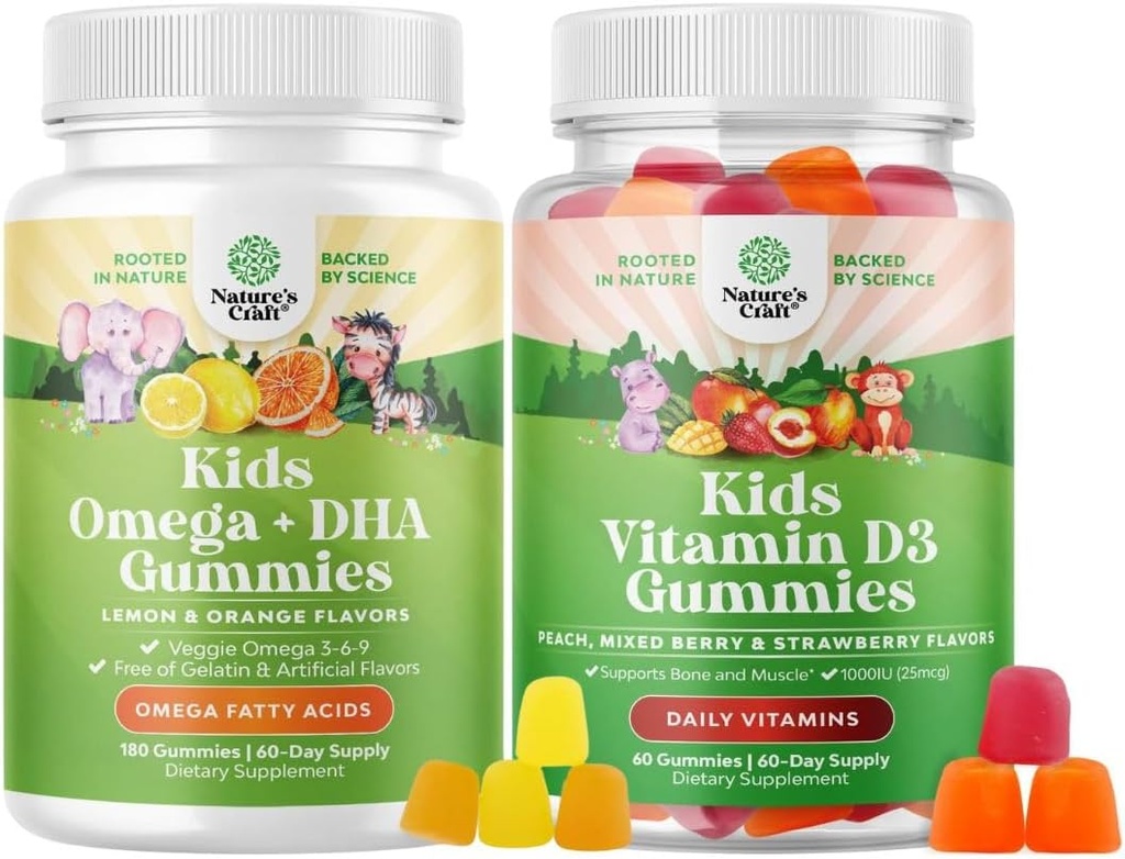 Bundle of Omega DHA Gummies for Kids - Fedtsyrer Omega 3 6 9 - C-vitamin for hjerne, Immunitet & Vision og D-vitamin Gummies for Kids - 1000 IE per servering - immunforsvar Muskeltænder og ben sundhed
