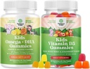 Bundle of Omega DHA Gummies for Kids - Fedtsyrer Omega 3 6 9 - C-vitamin for hjerne, Immunitet & Vision og D-vitamin Gummies for Kids - 1000 IE per servering - immunforsvar Muskeltænder og ben sundhed