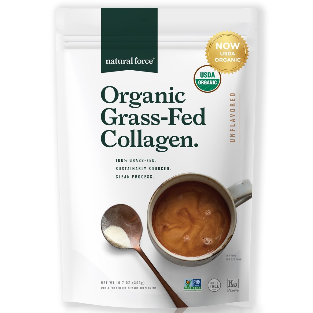 Natural Force Organic Clean Collagen Peptider Powder - USDA Certified Organic & Non- GMO, Keto & Paleo Certified - Hydrolyzed Type I & III Protein Powder with Essential Aminoacids - Unflavored, 10.7oz