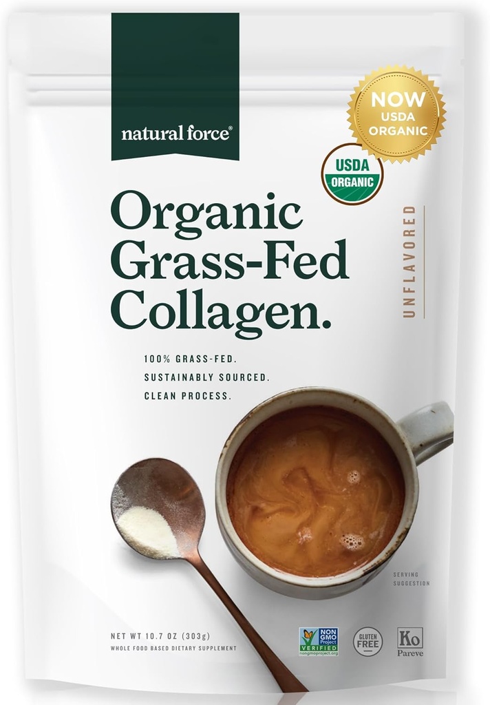 Natural Force Organic Clean Collagen Peptider Powder - USDA Certified Organic & Non- GMO, Keto & Paleo Certified - Hydrolyzed Type I & III Protein Powder with Essential Aminoacids - Unflavored, 10.7oz