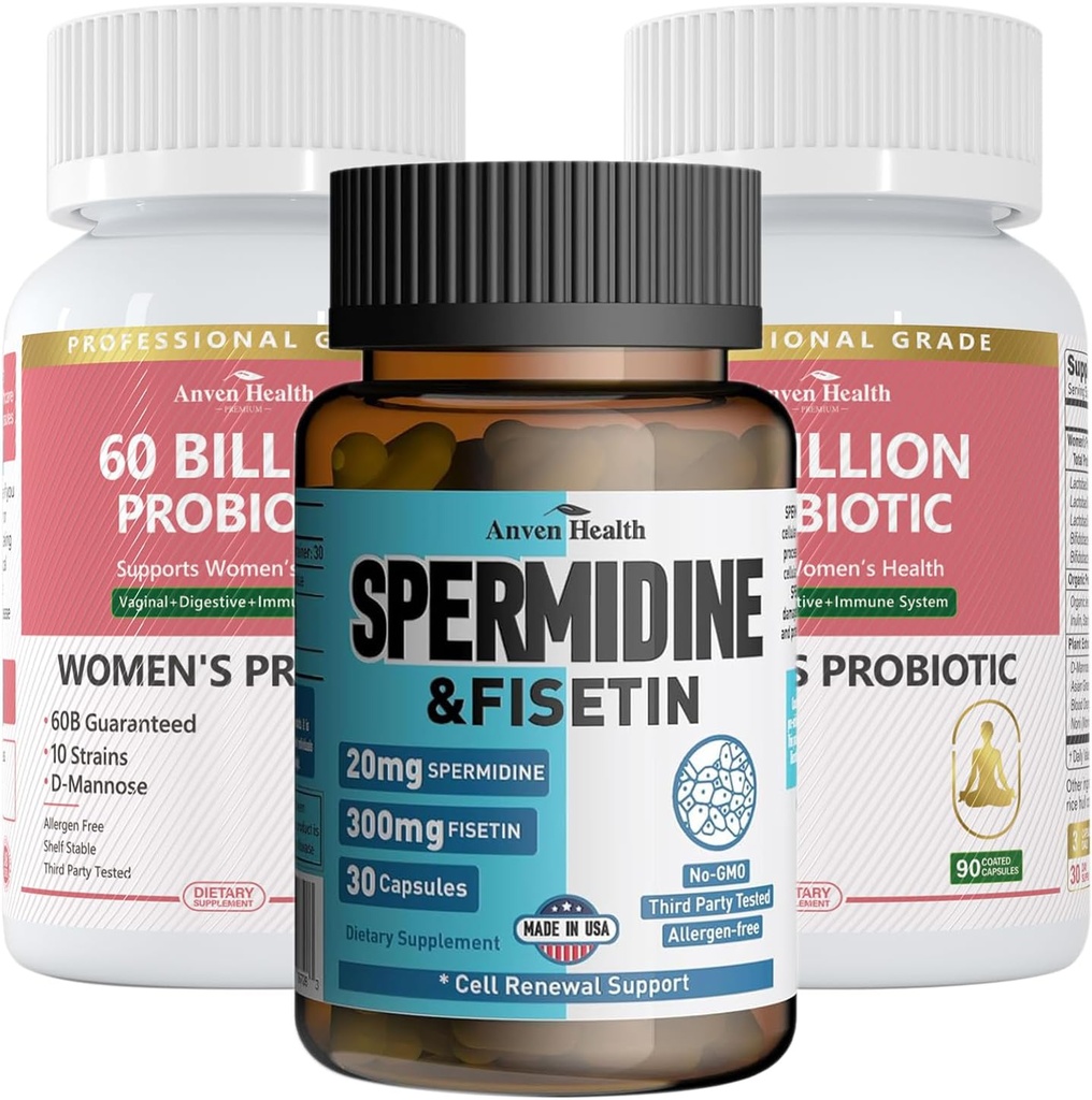 Wellness Bundle: 2 Flasker af kvinders Probiotika + 1 Flaske af Spermidin & Fisetin - fordøjelsessygdomme, cellular fornyelse & anti-aging støtte til kvinder