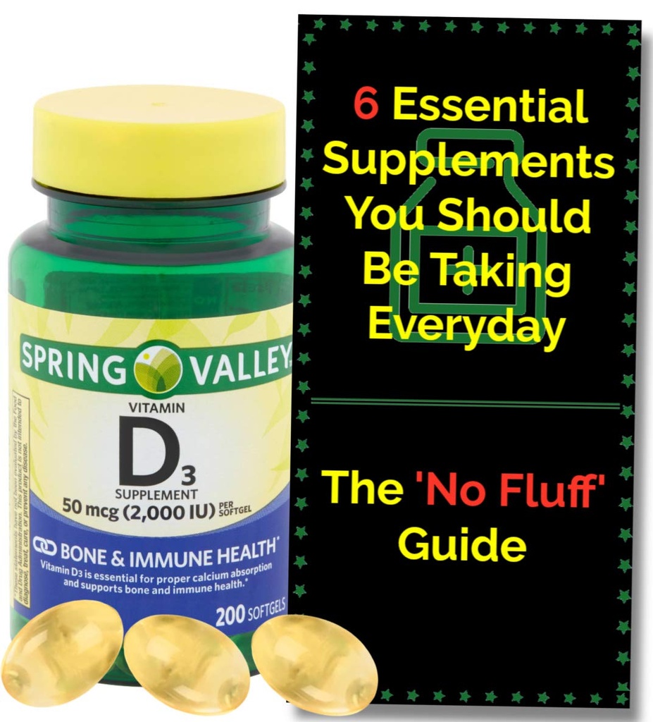 Vitamin D3 2000iu Softgels (50 mcg) (200 Count - 6 + Måned Supply) Knogle- og immunsundhed fra Spring Valley. + 'No Fluff' Supplement Guide