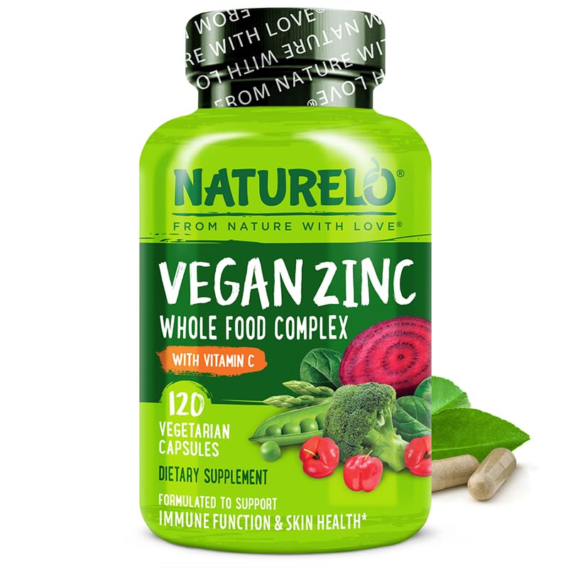 NATURELO Vegan Zink immunforsvar kapsler - hel mad kompleks med C-vitamin til sund hud, hår og negle - 120 kapsler