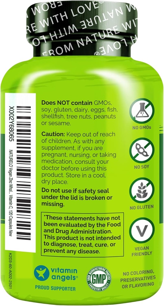 NATURELO Vegan Zink immunforsvar kapsler - hel mad kompleks med C-vitamin til sund hud, hår og negle - 120 kapsler