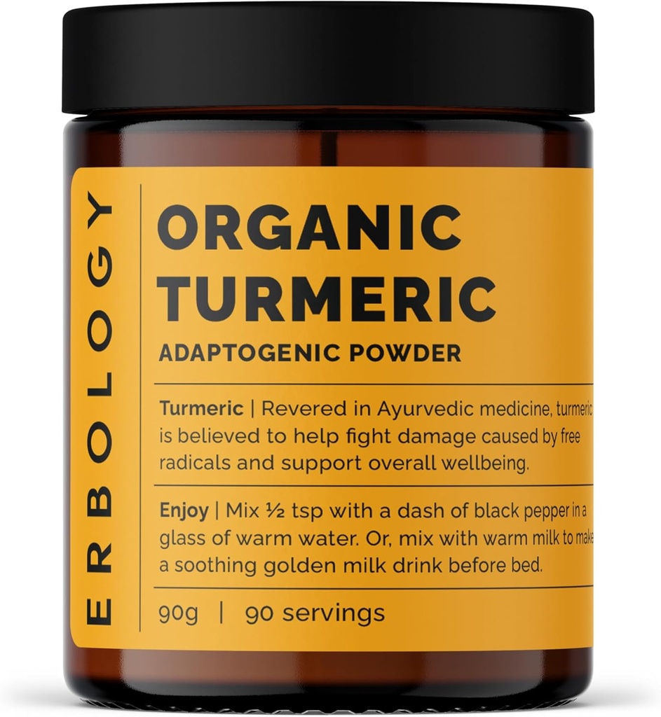 Erbologi Økologisk Gurkemeje Pulver 3.2 oz - 90 Servering - 5,5% Curcumin - Ingen tilsætningsstoffer eller konserveringsmidler - bæredygtigt sourced straight fra Farm i Indien - Vegan - GMO- Free