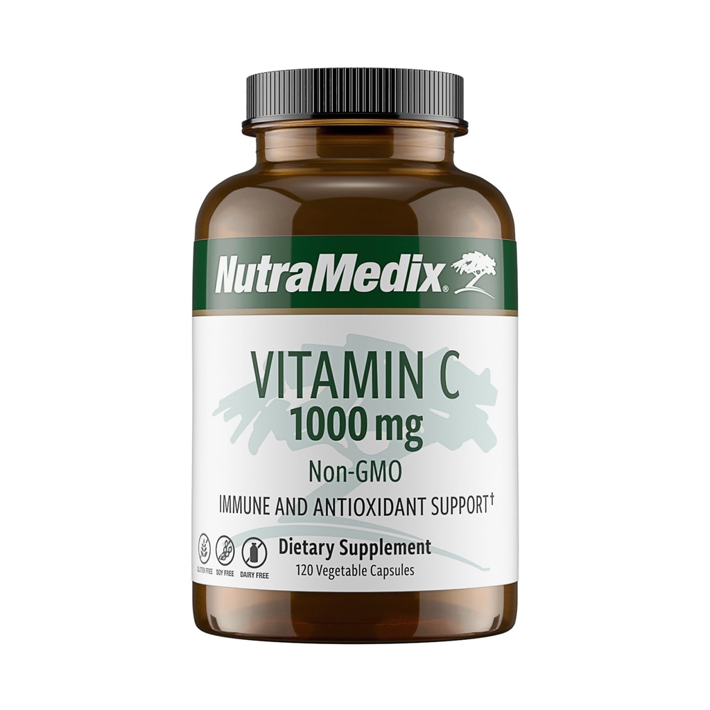 NutraMedic Vitamin C 1000mg - Antioxidanter Supplement for immunforsvar & hjertesundhed - C-vitamin fra ascorbinsyre - Vegan, non- GMO (120 vegetariske kapsler)