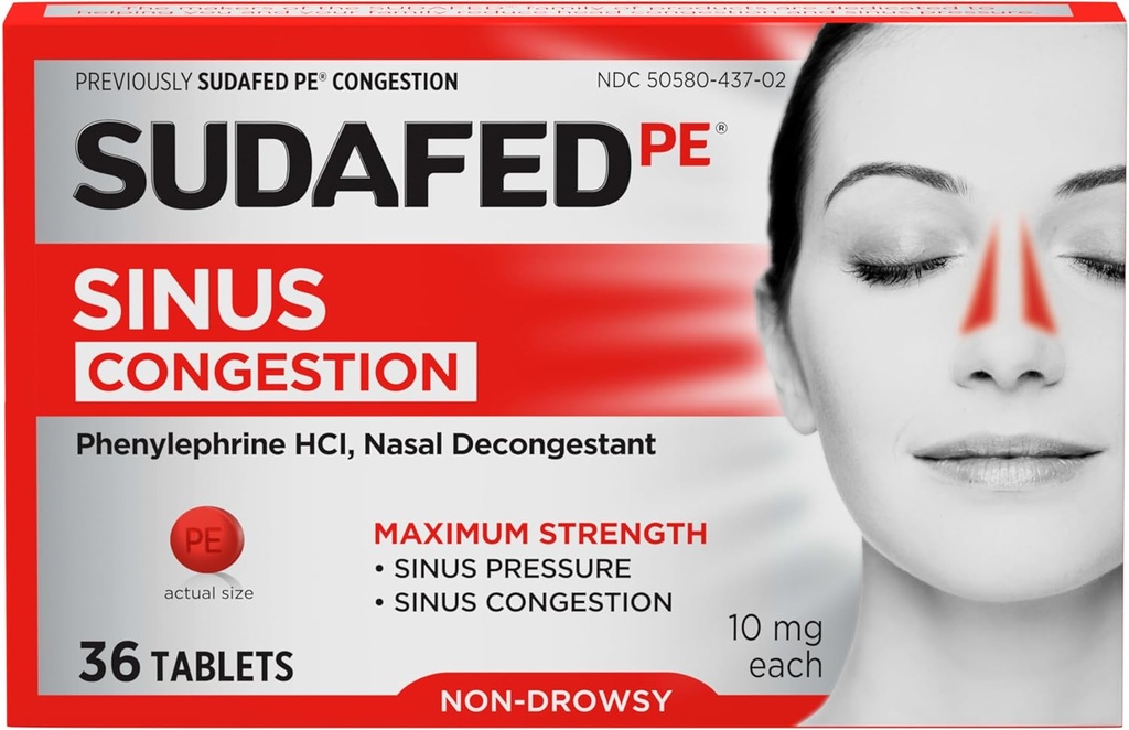 Sudafed PE Sinus Congestion Relief Tablets, Maksimal styrke, Non- Drowsy 10 mg Phenylephrin HCI Decongestant for Sinus Tryk & Nasal Congestion Relief, På grund af kold eller allergier, 36 læ