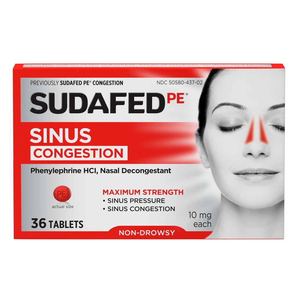 Sudafed PE Sinus Congestion Relief Tablets, Maksimal styrke, Non- Drowsy 10 mg Phenylephrin HCI Decongestant for Sinus Tryk & Nasal Congestion Relief, På grund af kold eller allergier, 36 læ