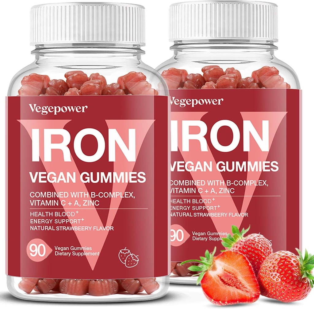Iron Gummies Kosttilskud til kvinder og børn - Multivitamin med Iron Gummy til Blood Oxygen, Great Tasting Gummies med C-vitamin til Max Absorption, Vegansk Chewable (180 Tæl, Jordbær)
