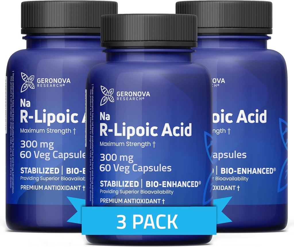 Geronova Research Bio-Enhanced R-Lipoic Acid, 300 mg Capsules - 6 Month Supply - Stabilized R Alpha Lipoic Acid with Enhanced Absorption - R Lipoic Acid Supplement - 180 Count