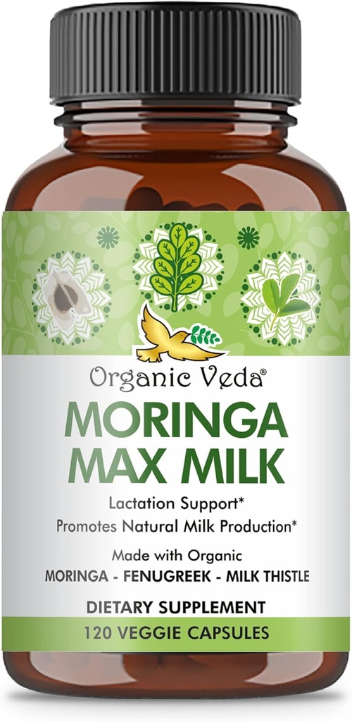Organic Veda Moringa Max Milk Lactation Supplement (120 Capsules) - 1800mg Super Strength Organic Vegan Complex with Fenugreek, Milk Thistle, Moringa Leaf & Seeds for Breastfeeding Milk Supply