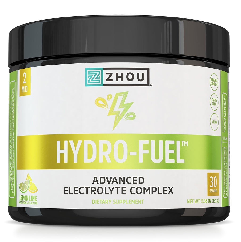 ZHOU Hydro-Fuel - Electrolytes Powder, Sugar Free Hydration Drink Mix w/Magnesium, Zinc, Potassium & Sodium, Nutrients, Minerals & Coconut Water Extract, No Sugar - Lemon Lime, 5.36 oz (30 Servings)