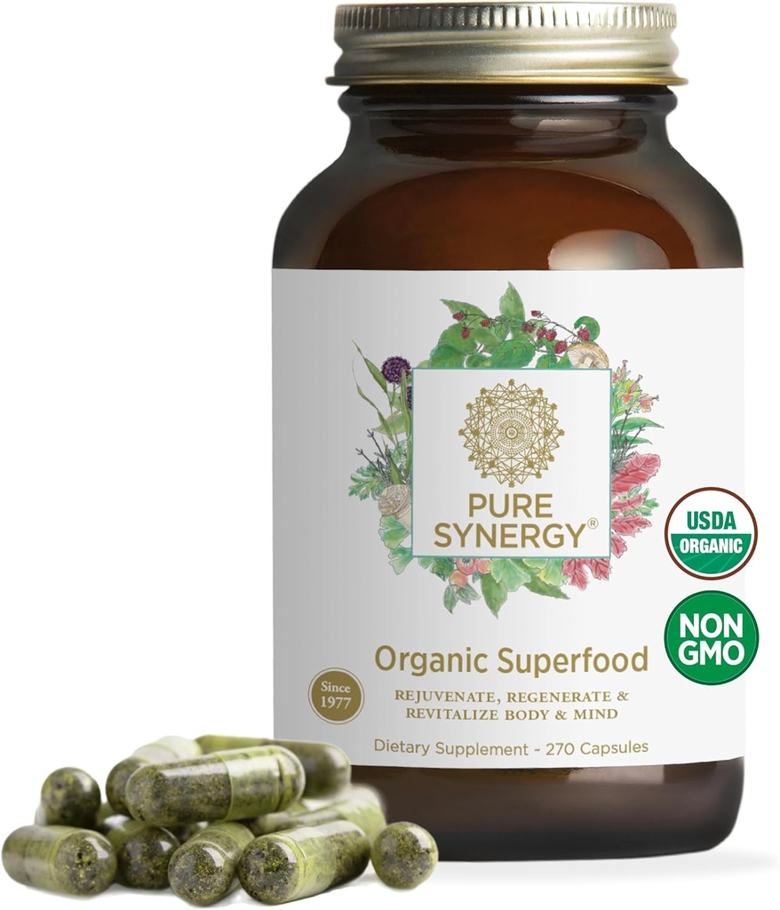 PURE SYNERGY Superfood Capsules Measures 124; Organic Superfood & Greens Supplement Measures 124; Whole Foods Like Super Greens, Spirulina, & Mushrooms Measures 124; for energi, sund aldring og immunforsvar (270 kapsler)