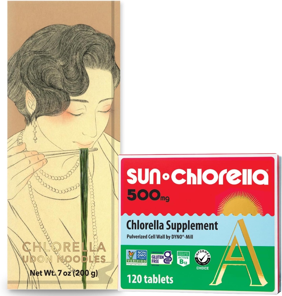 Sun Chlorella Green Goodness Bundle - 500mg Superfood, Non- GMO 120 Tablets + Udon Noodles Chlorella, Klar til kok, Vegan, Vegetarisk 7.8 oz (4 Servere)