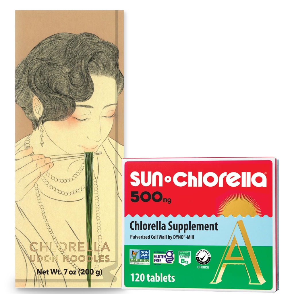 Sun Chlorella Green Goodness Bundle - 500mg Superfood, Non-GMO 120 Tablets + Udon Noodles Chlorella, Ready to Cook, Vegan, Vegetarian 7.8 oz (4 Servings)