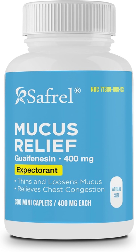 Safrel Pharma Mucus Relief Guaifenesin 400 mg - Hurtig fungerende Expectorant, Tynder og Loosens Mucus, Relieves Chest Congestion, Hough, Cold and Flue; (300 Greve (pakke med 1))