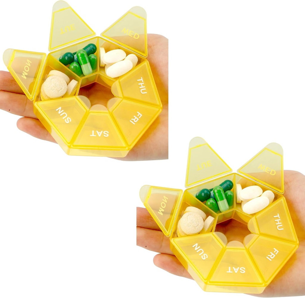 Pill Organizer 2 Pack - Ugentlig 7 dages lille sag for medicin, 1 gang om dagen Container, Rejseholder (gul)