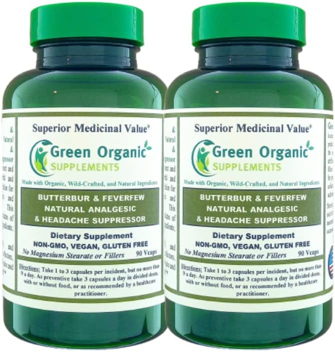 Grøn Økologisk Kosttilskud Butterbur, Feverfew, Analytisk, Painkiller, & Hovedpine Suppressor, 90 VCs, Høj Absorberbar, Non- GMO, Gluten- Free (Pack of 2)