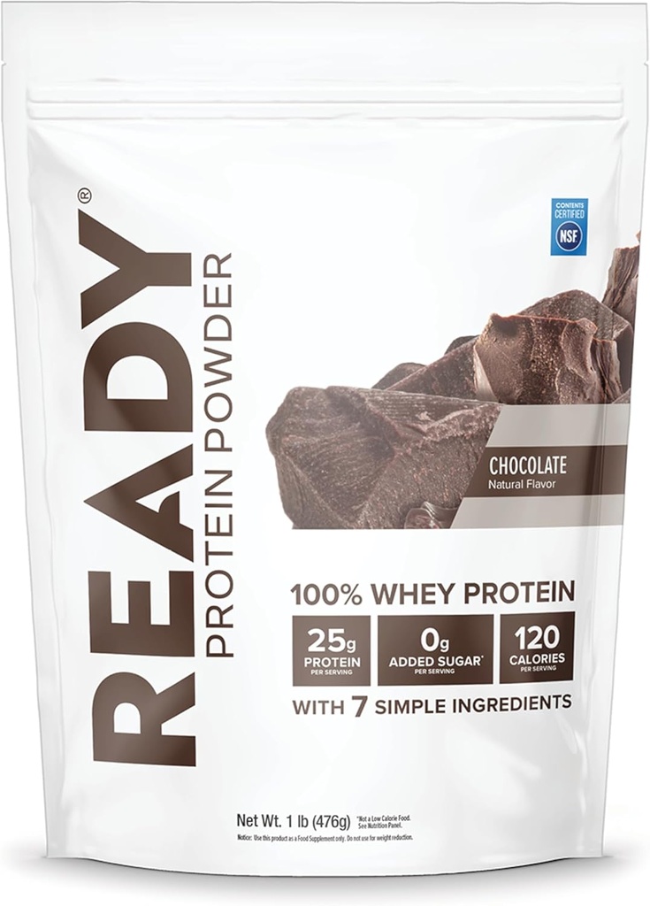 Ready ® Protein Powder - 25g Whey Protein, 120 kalorier, 0g tilsat sukker - 7 enkle ingredienser - Ingen kunstige tilsætningsstoffer - Glutenfri, ren & naturlig - chokolade (1 pound Bag)