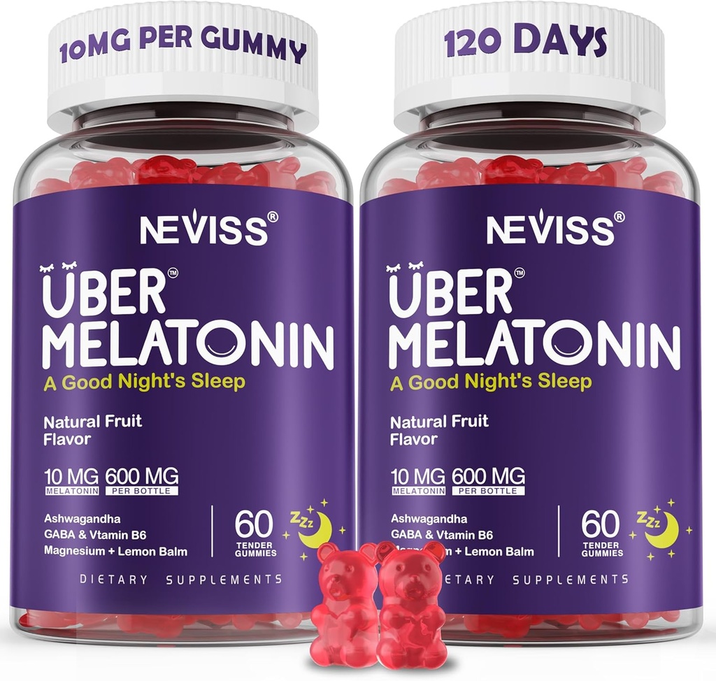 Melatonin Gummies 10mg 20mg for Adults, Melatonin 10 mg per Gummy with Ashwagandha, Magnesium Glycinate, GABA, L-theanine, Valerian Root & Lemon Balm, Rest Support Supplement, Grape Flavor, 2-Pack