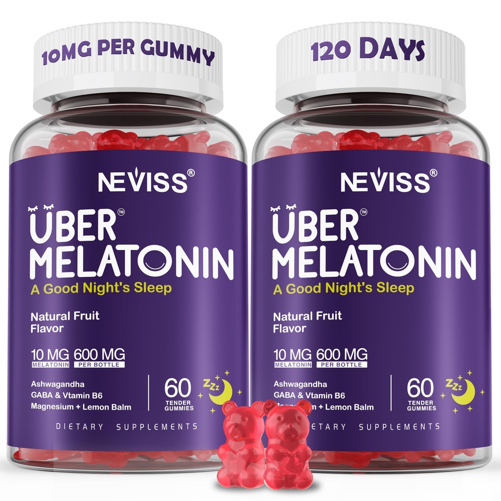 Melatonin Gummies 10mg 20mg til voksne, Melatonin 10 mg per gummy med Ashwagandha, Magnesium Glycinat, GABA, L- theanin, Valerian Root & Lemon Balm, Rest Support, Grape Flavor, 2- Pack