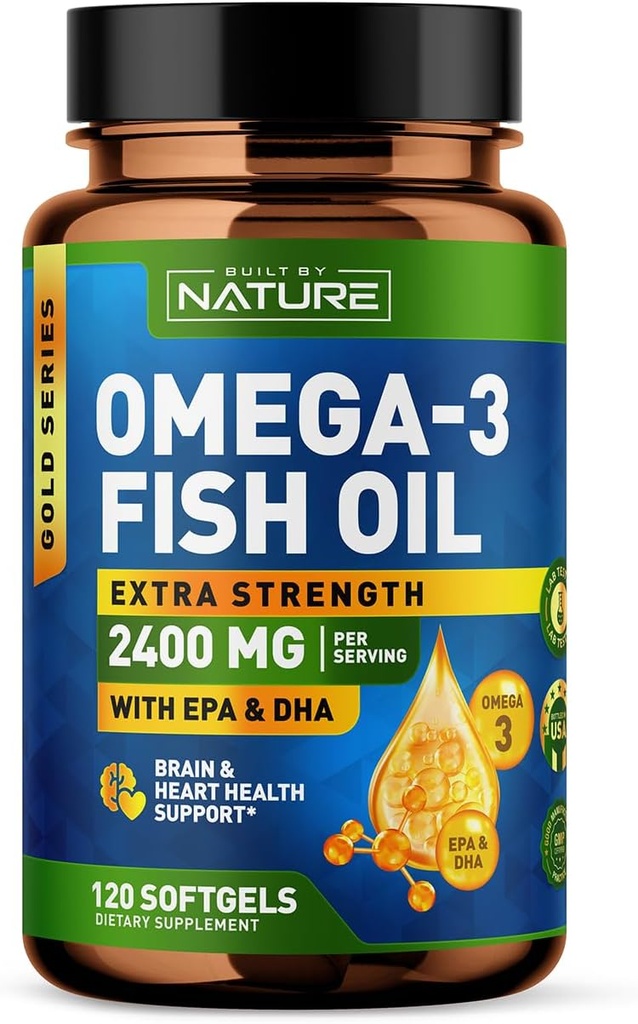 Bygget af Nature Omega 3 Fish Oil Soft Gels - 2400 mg Fish Oil, 1440 mg Omega 3, 864 mg EPA, 576 mg DHA - Ekstra styrke Brain & Heart Health Support - 120 Softgels