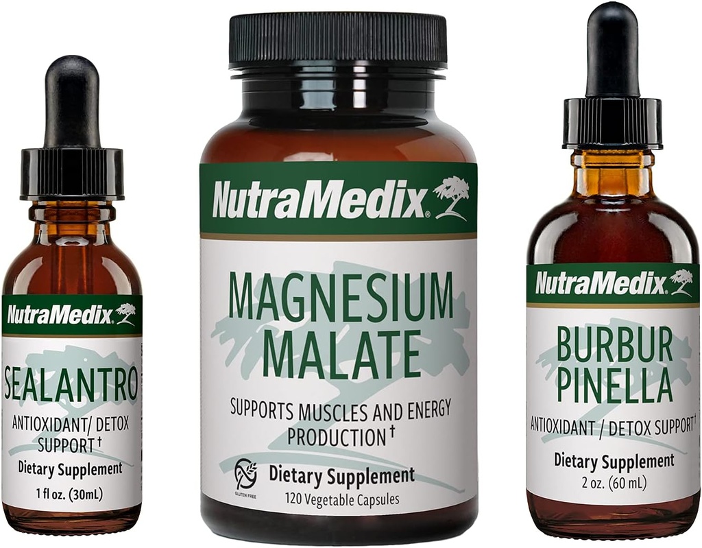 NutraMedic Detox Set - 3-stykke kit med Sealantro, Burbur- Pinella & Magnesium Malat til clearing, Detox & daglig wellness support - Plant- baseret flydende Detox Drops & daglige kapsler