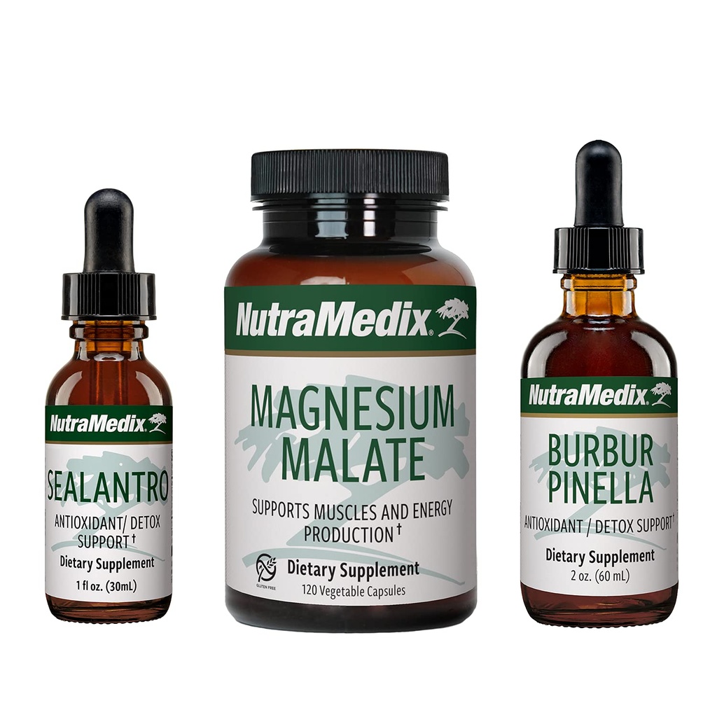 NutraMedic Detox Set - 3-stykke kit med Sealantro, Burbur- Pinella & Magnesium Malat til clearing, Detox & daglig wellness support - Plant- baseret flydende Detox Drops & daglige kapsler