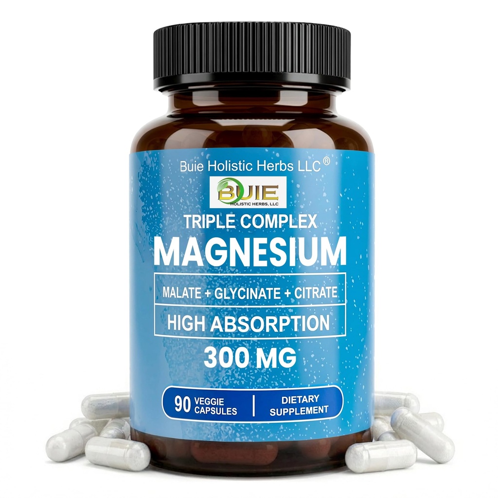 Triple Complex Magnesium 300mg • 124; Høj Absorption • Magnesiumglycinat, Citrate & Malate Supplement • 124; Understøtter muskelfunktion, Metabolisme & Heart Health • 124; Vegan; Non- GMO • 124; 90 Kapsler (pakning med 1)