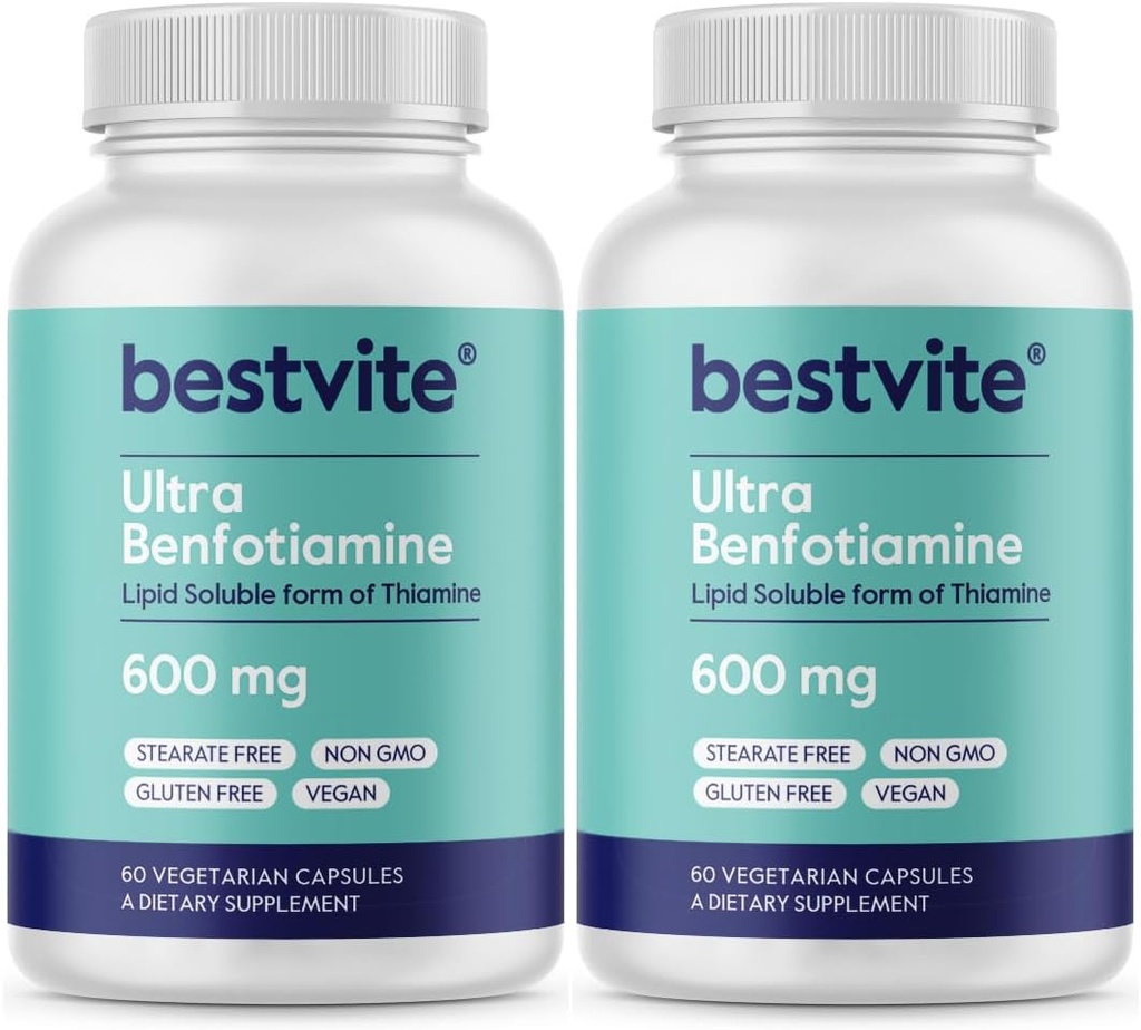 Ultra Benfotiamin 600 mg per kapsel (120 vegetariske kapsler) (60x2) Ingen stearater - Ingen silikonedioxid - Vegan - Ikke GMO - Gluten Free - Maksimal styrke Benfotiamin
