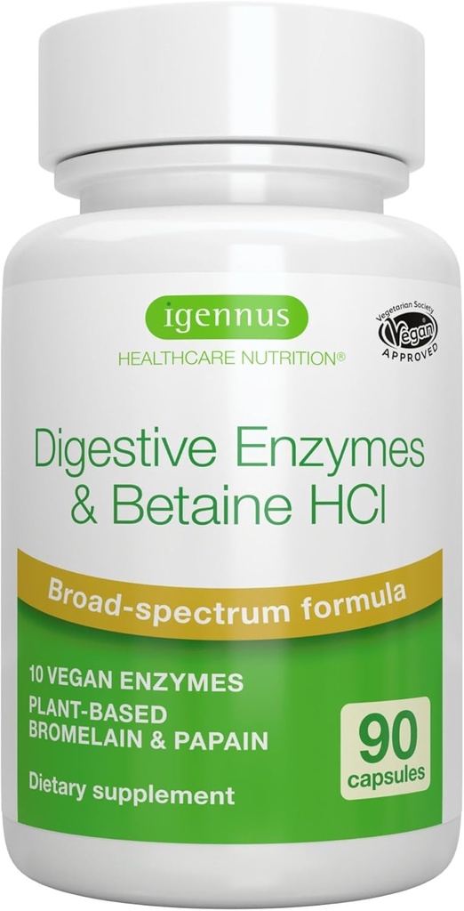 Igennus Fast Action fordøjelige enzymer & betain HCl, 10 Broad Spectrum Enzymer med protein, Lipase & Lactase, Papain & Bromelain, Plant- baseret Vegan, Clean Label, for kvinder og mænd, 90 Kapsler