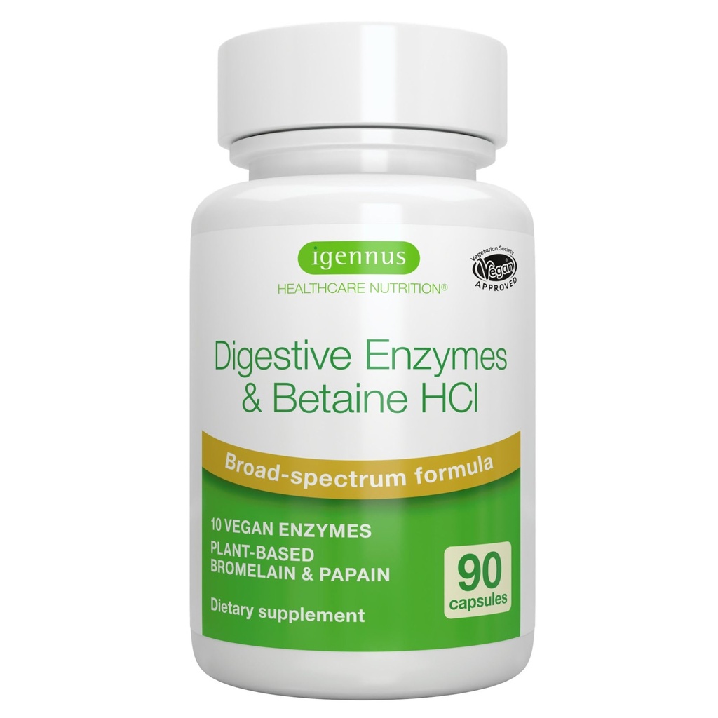 Igennus Fast Action fordøjelige enzymer & betain HCl, 10 Broad Spectrum Enzymer med protein, Lipase & Lactase, Papain & Bromelain, Plant- baseret Vegan, Clean Label, for kvinder og mænd, 90 Kapsler