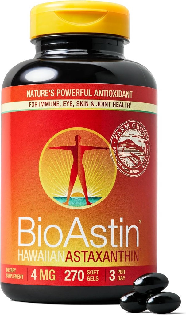 Nutrex Hawaii BioAstin Hawaii Astaxanthin - 4 mg, 270 Softels - Farm- Direct Premium Antioxidant supplement til støtte øje, hud, fælles & immunsystem sundhed -non-GMO & gluten- fri