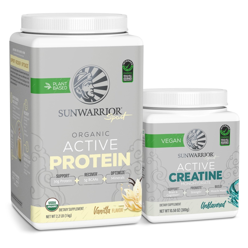 Sunwarrior Creatinin Powder & Vanilla Active Organic Protein Powder Set Buddy 124; Bundle & Save Buddy 124; Vegan Protein Plus Unflavored Creatinine Monohydrat (60 Servere Unflavored, 20 Servere Vanilla)