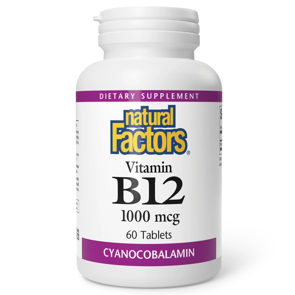 Naturlige faktorer, Vitamin B12 Cyanocobalamin 1000 mcg, Understøtter energi og røde blodceller produktion, 60 tabletter (60 portioner)