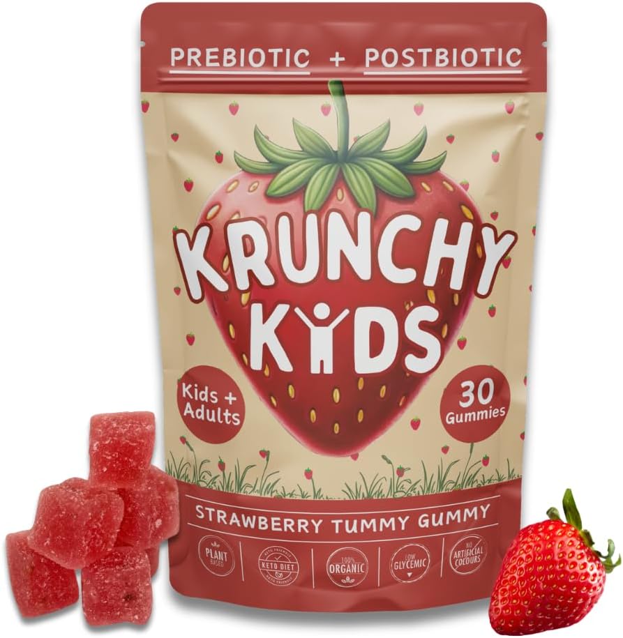 Organic Prebiotic & Postbiotic Gummy Vitamin for Kids and Adults, Allulose, Sugar Free, Fermented Strawberry, Support Gut Health, Dye Free