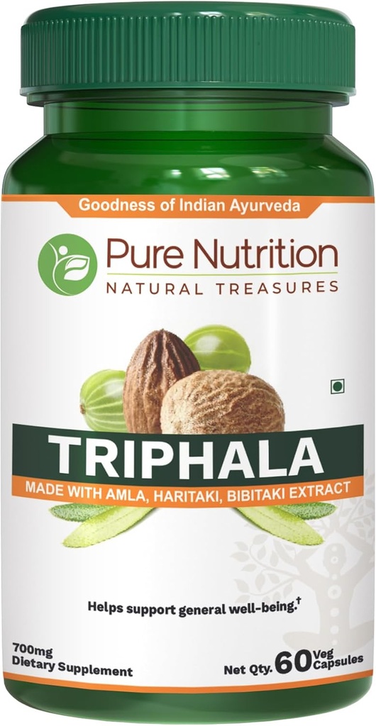 Pure Nutrition Triphala Extract 700mg - 60 Caps (Extract Equiv. to 1900 mg Triphala Fruit Powder) Non gmo-124; En gang dagligt; 124; 60 dages forsyning.