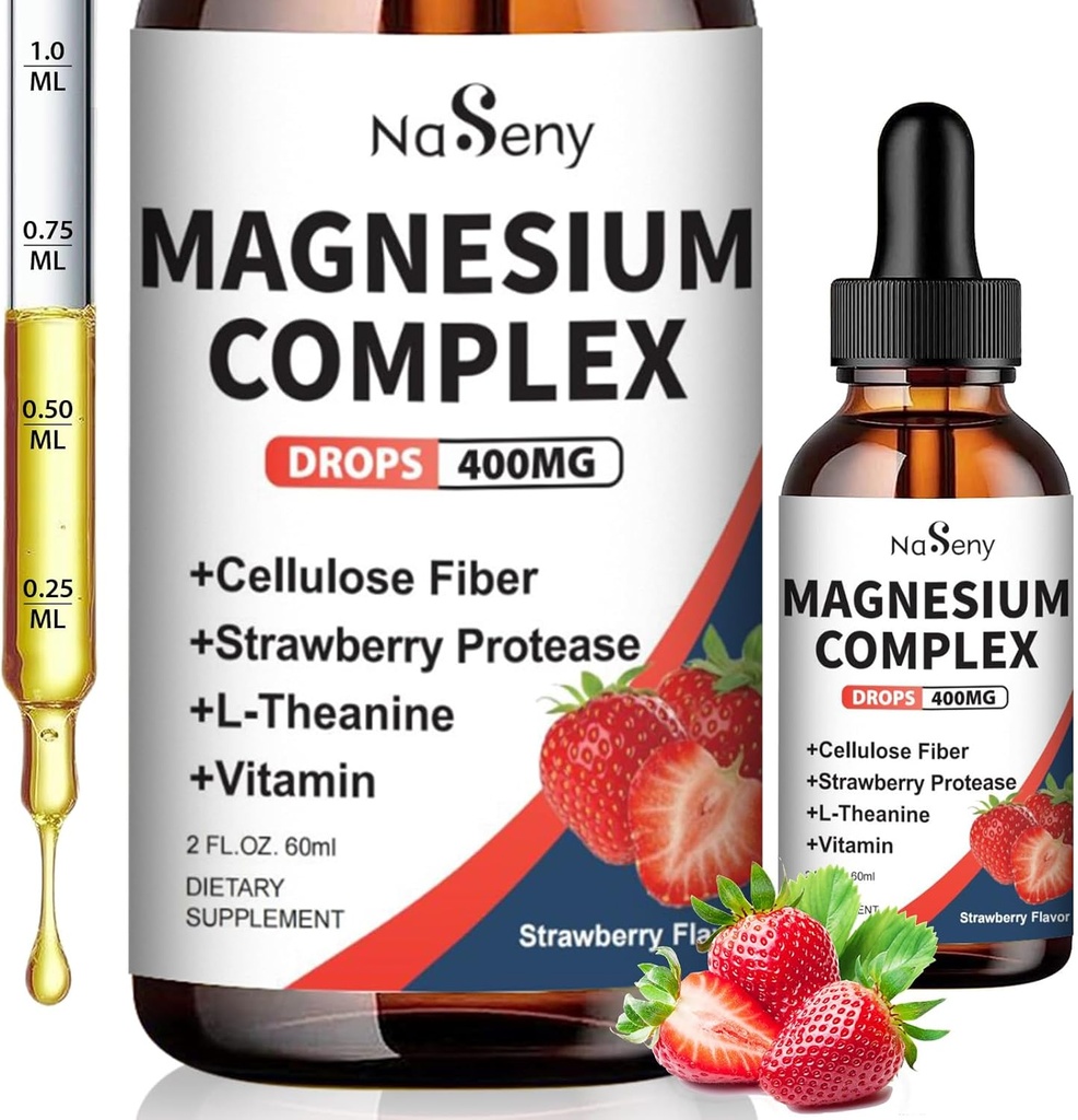 Magnesium Glycinate Liquid 400mg, høj absorption Magnesium Complex tilskud med vitamin B6, D, C til støtte søvn, muskel, nerve sundhed, non-GMO gluten fri Vegan (2 Fl Oz / Strawberry)