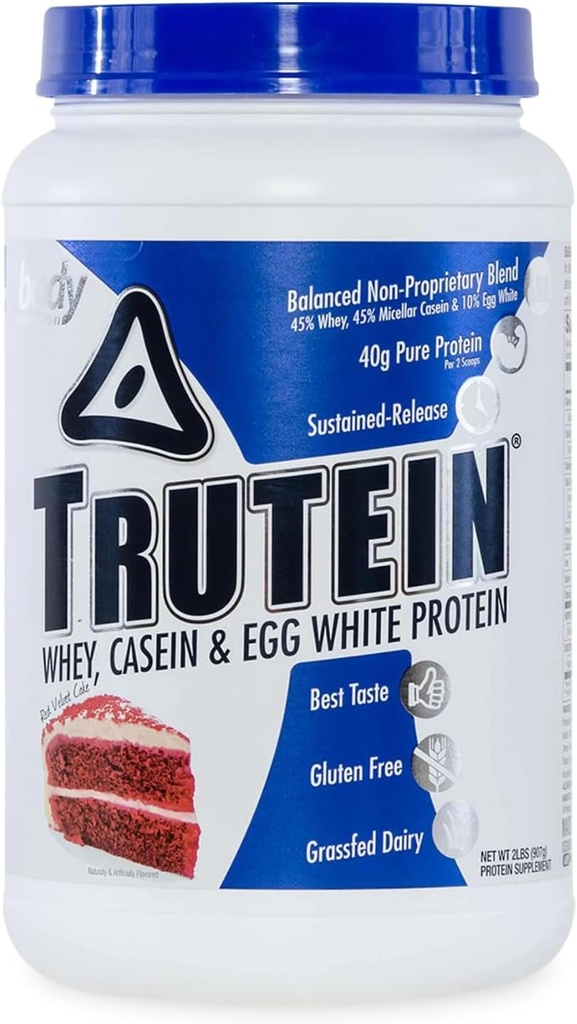 Body Nutrition Trutein High Protein Powder: 45% Whey, 45% Casein, 10% Egg White, Gluten- Free, Lavnatrium, Grass Fed Whey Protein Powder, Gym Supplement & Breakfast Shake, Red Velvet Cake, 2lb