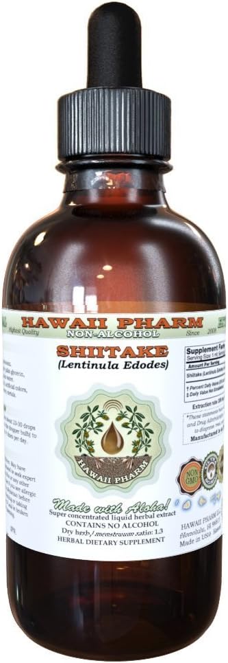 Shiitake Alkohol- Free Liquid Extract, Organic Shiitake (Lentinula Edodes) Tørret champignon Glycerite Natural Herbal Supplement, Hawaii Pharm, USA 2 fl.oz