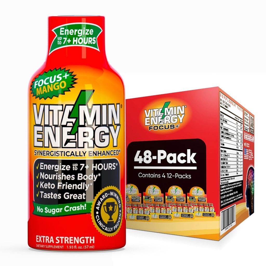 Vitamin Energy Focus + Extra Strength Energy Shot Mango 48 Pack, 260mg Natural Coffein, B- Vitamin, CoQ10, Aminosyrer, Focus, Produktivitet & Clarity, Zero Sugar, Gluten- Free, 1,93 fl oz